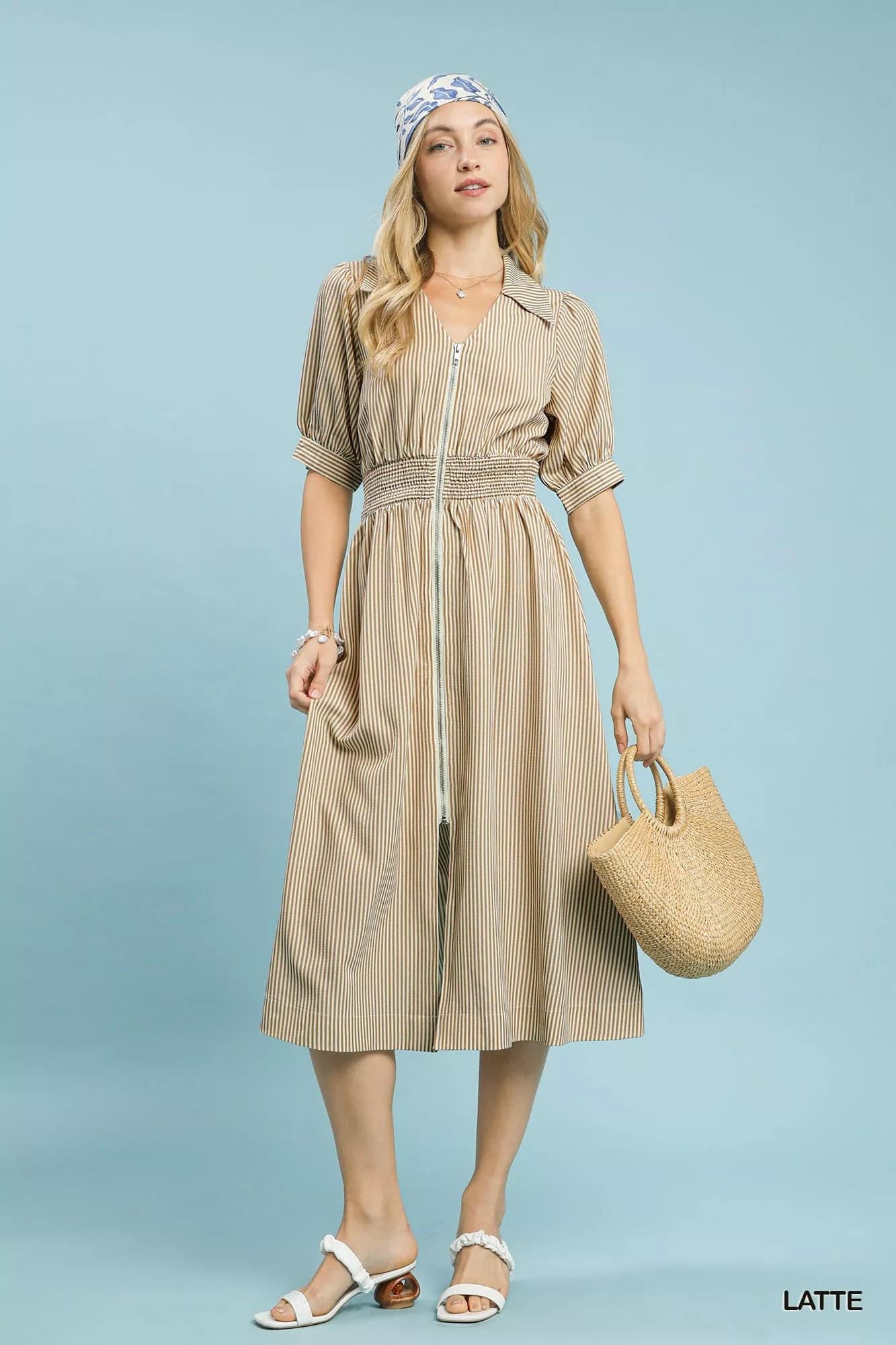Umgee Striped Midi Dress with Front Zipper - LATTE / S - Thumbnail 4