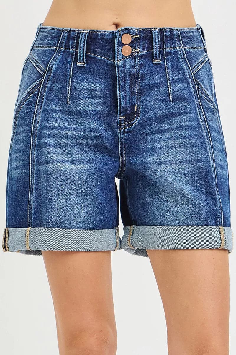 RISEN High Rise Seamed Roll Up Shorts - DARK / S