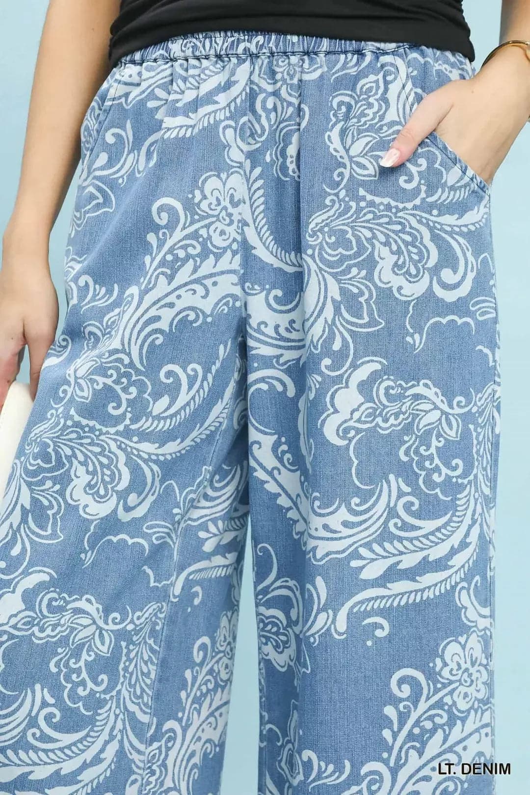 Umgee Stone Wash Wide Leg Crop Pants - LT. DENIM / L - Thumbnail 4