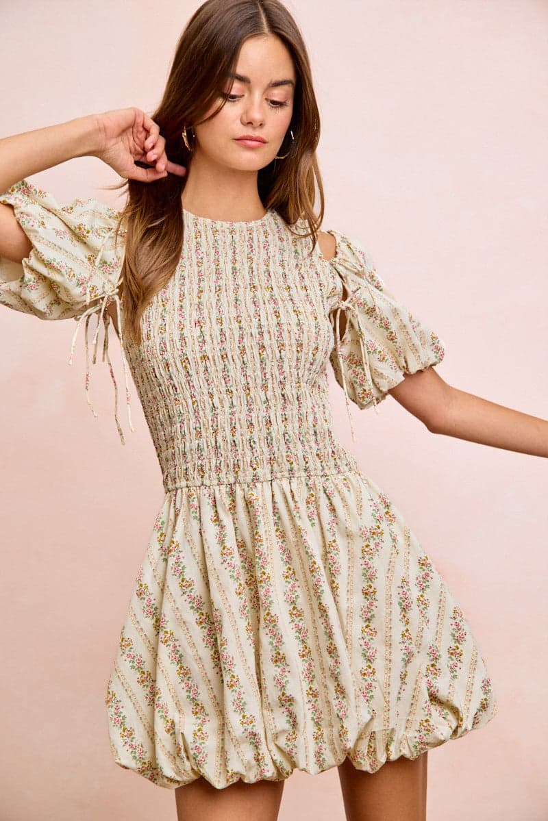 BiBi Floral Bow Tie Attachable Puff Sleeves Dress - IVORY / M - Thumbnail 17