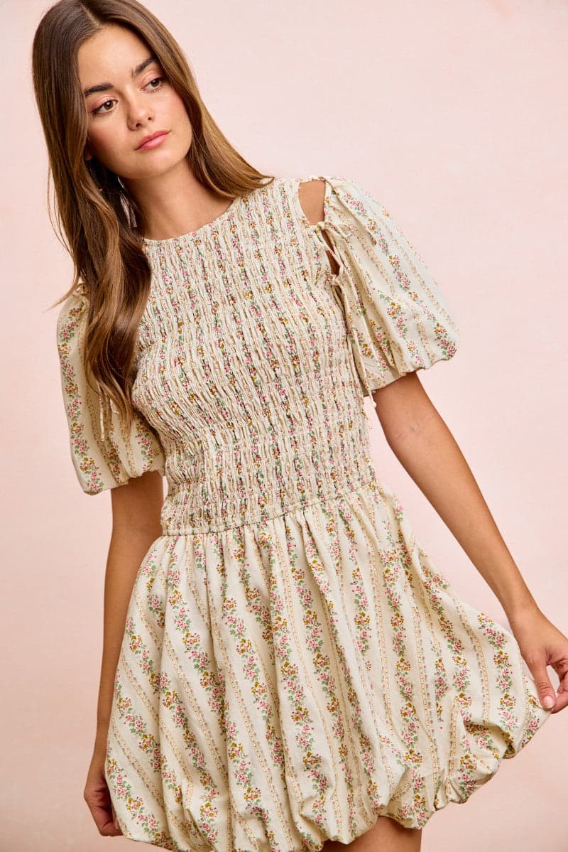 BiBi Floral Bow Tie Attachable Puff Sleeves Dress - IVORY / S - Thumbnail 20
