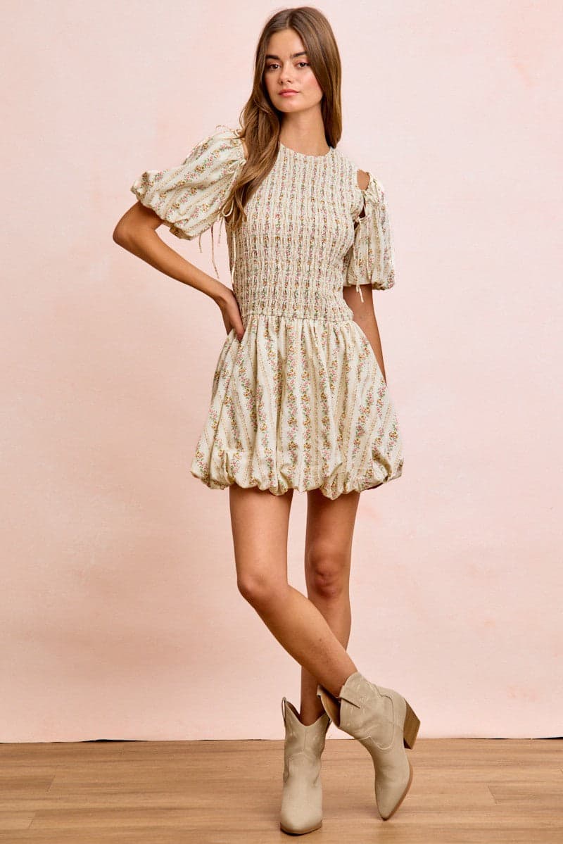 BiBi Floral Bow Tie Attachable Puff Sleeves Dress - IVORY / L - Thumbnail 10