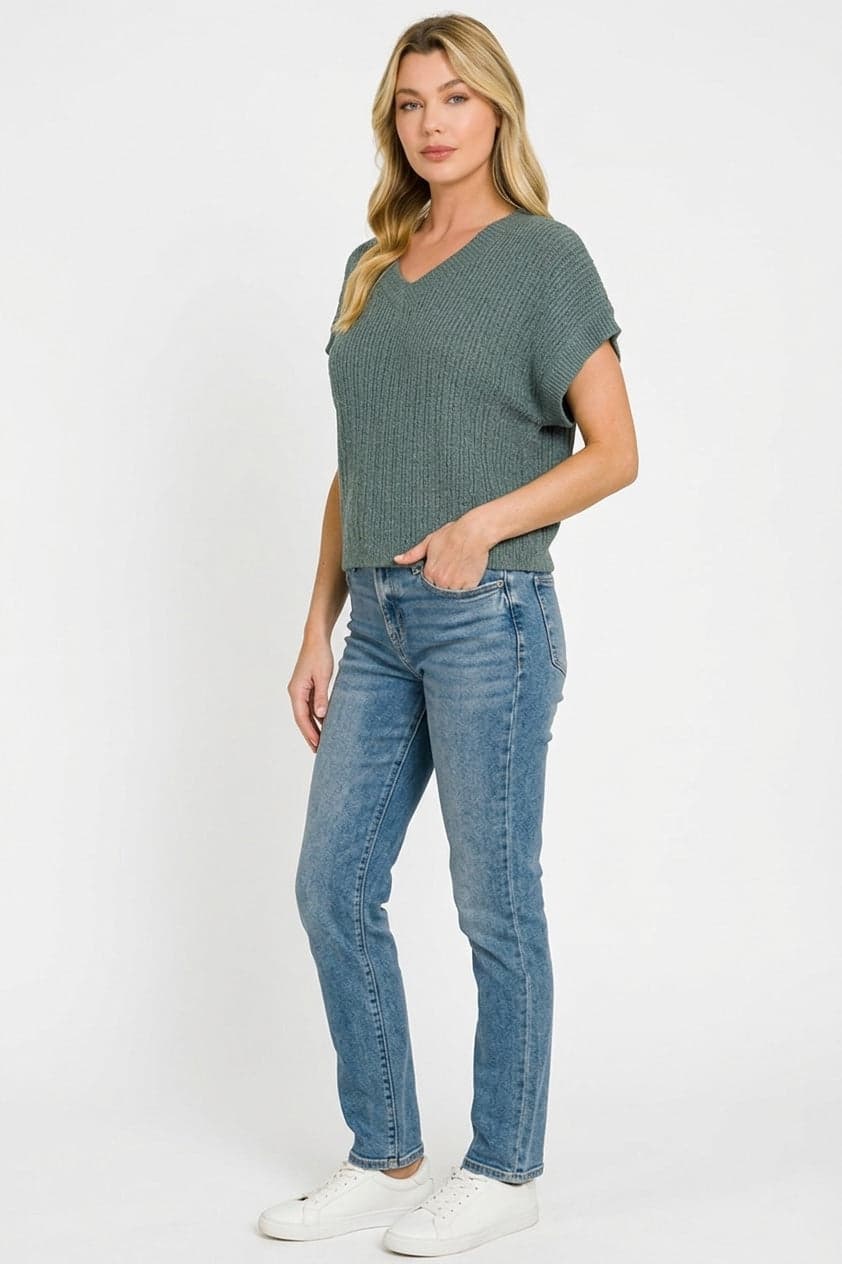 Zenana Textured Knit V-Neck Cropped Sweater - ASH JADE / L - Thumbnail 3