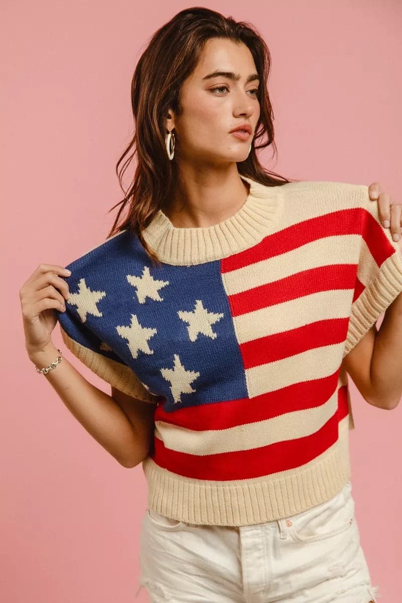 BiBi Star Patches American Flag Sleeveless Sweater - Vivid Red / XL