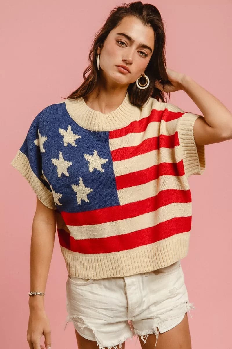 BiBi Star Patches American Flag Sleeveless Sweater - Vivid Red / L - Thumbnail 4