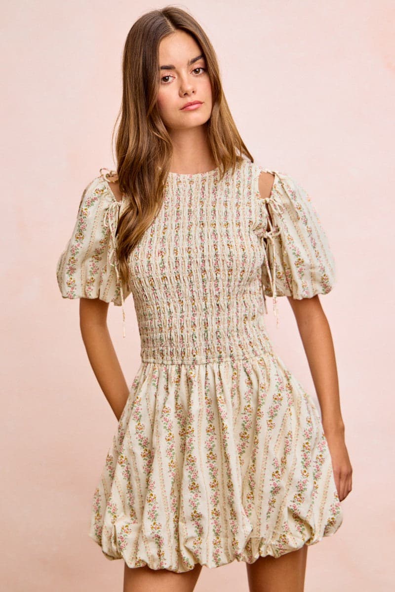 BiBi Floral Bow Tie Attachable Puff Sleeves Dress - IVORY / M - Thumbnail 14