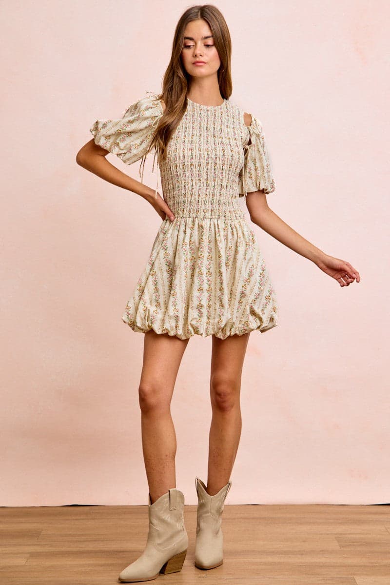 BiBi Floral Bow Tie Attachable Puff Sleeves Dress - IVORY / L - Thumbnail 9