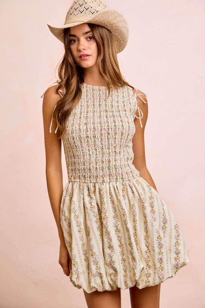BiBi Floral Bow Tie Attachable Puff Sleeves Dress - IVORY / M - Thumbnail 7