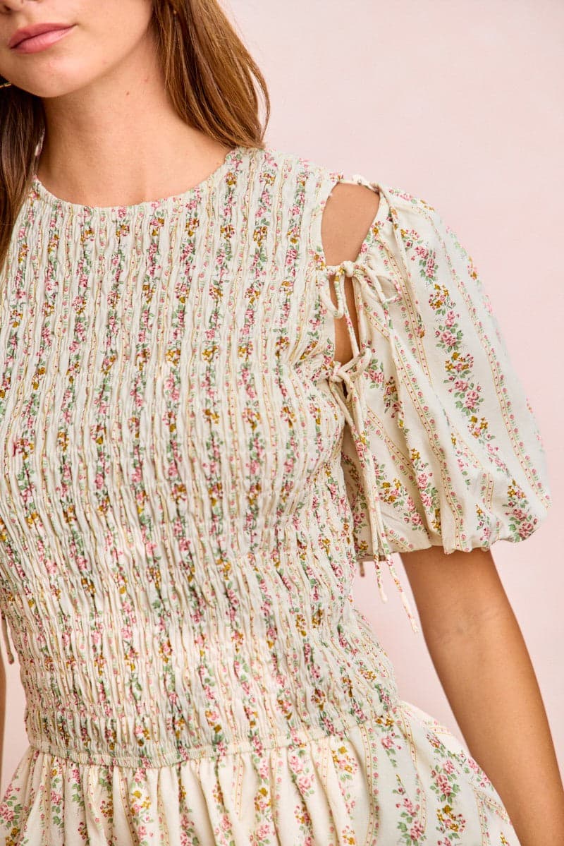 BiBi Floral Bow Tie Attachable Puff Sleeves Dress - IVORY / M - Thumbnail 12