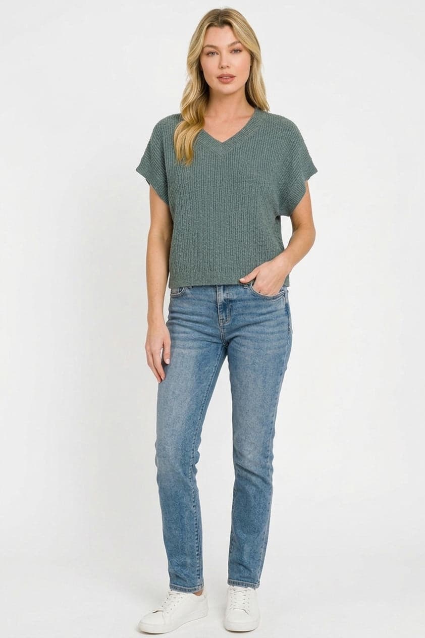 Zenana Textured Knit V-Neck Cropped Sweater - ASH JADE / M - Thumbnail 4