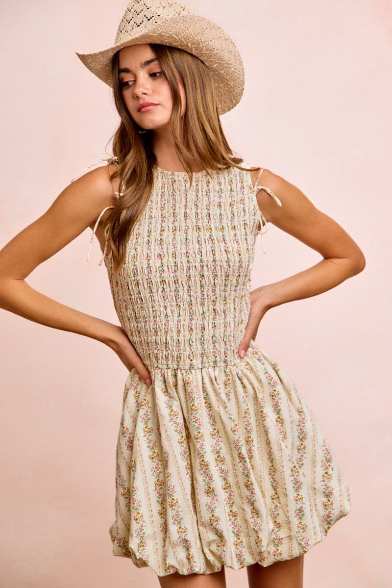 BiBi Floral Bow Tie Attachable Puff Sleeves Dress - IVORY / L