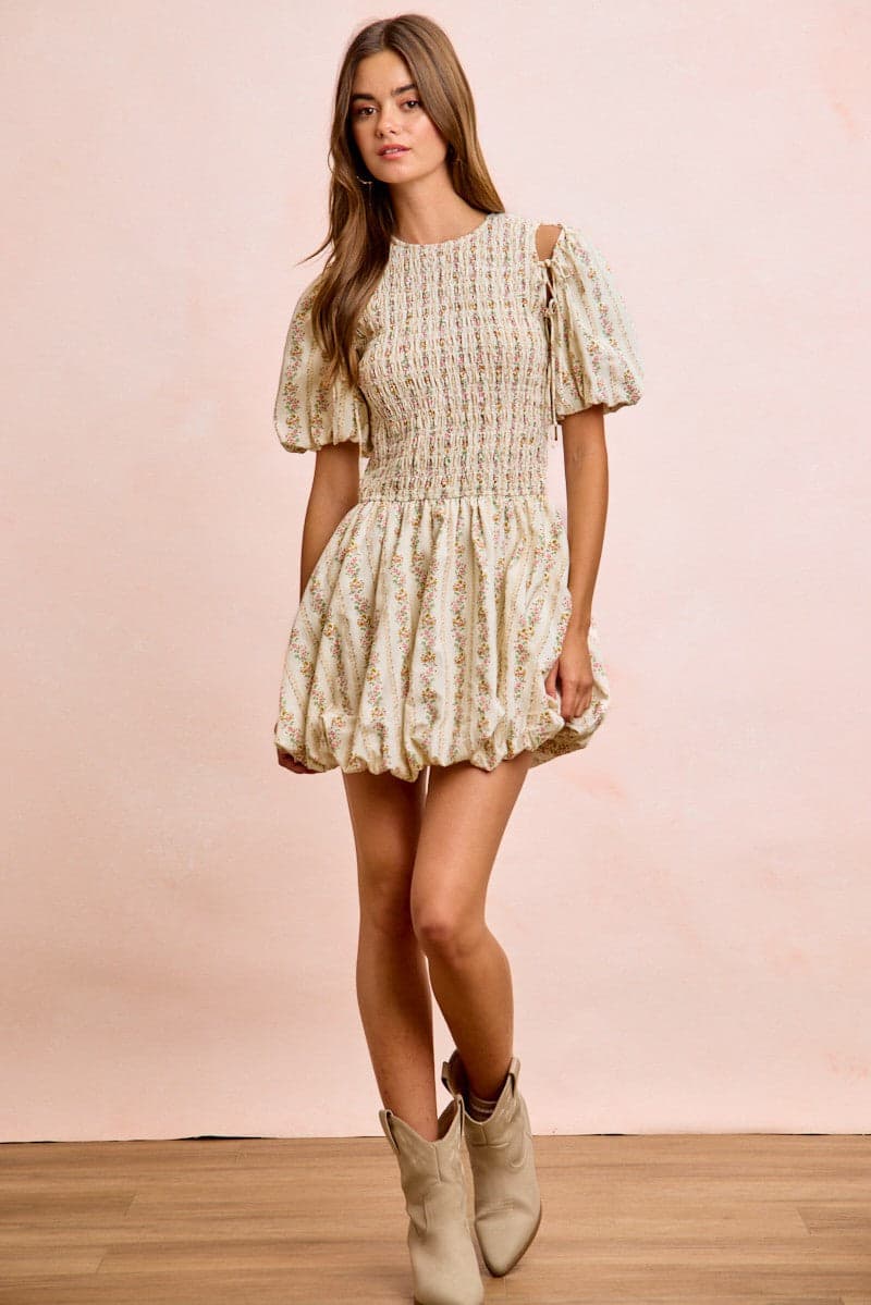 BiBi Floral Bow Tie Attachable Puff Sleeves Dress - IVORY / M - Thumbnail 11