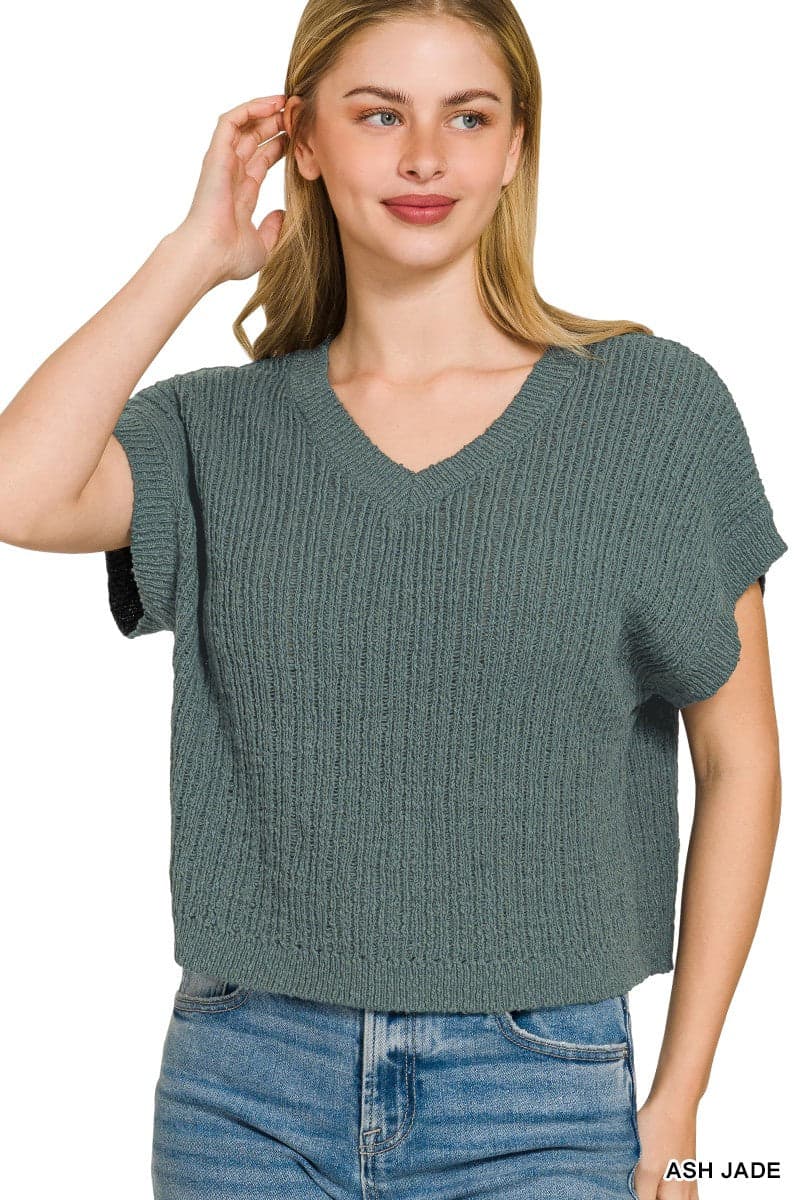 Zenana Textured Knit V-Neck Cropped Sweater - ASH JADE / M - Thumbnail 2