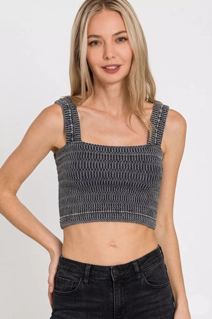 Zenana Seamless Winkle Stone Washed Bra Top - BLACK / S/M - Thumbnail 3