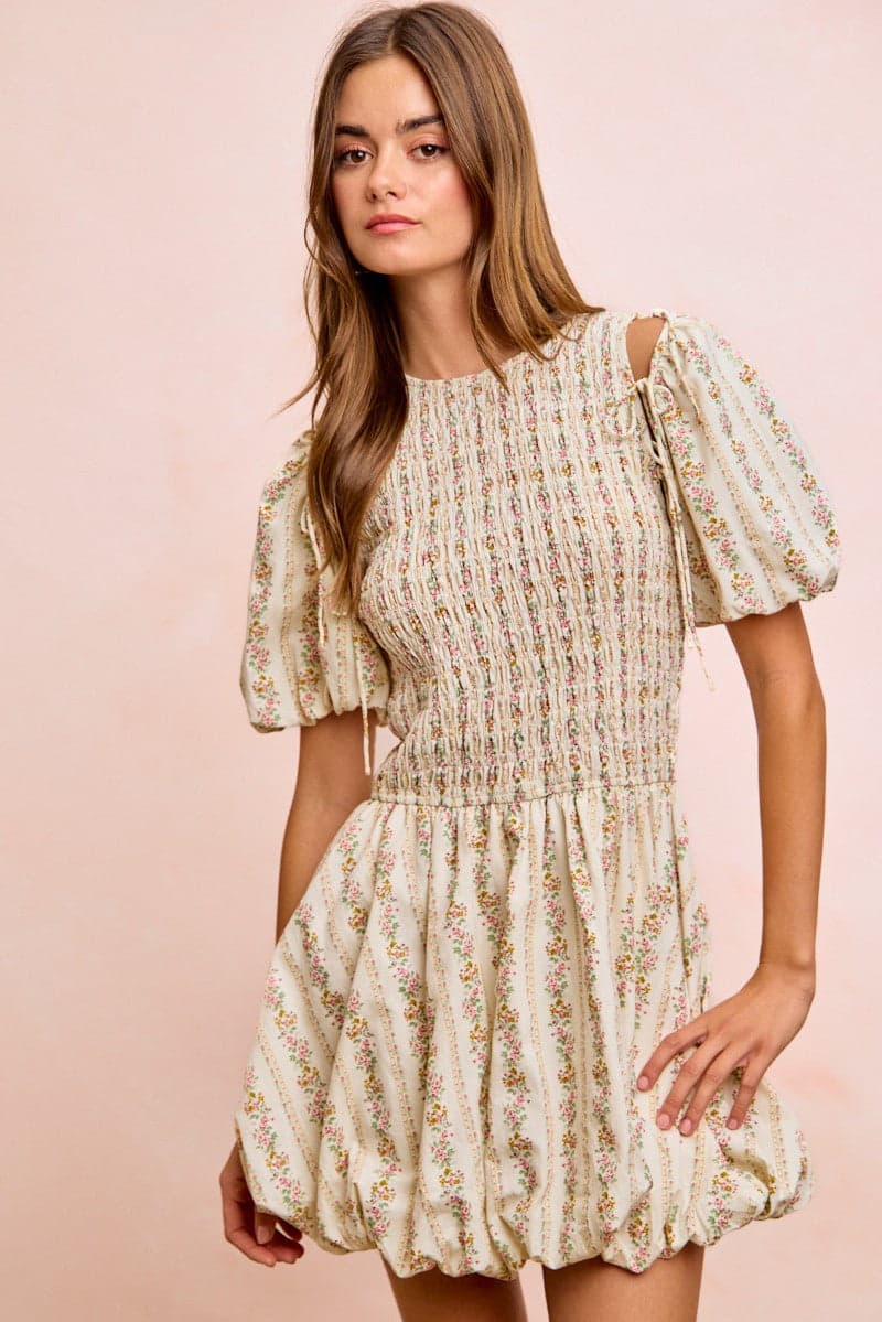 BiBi Floral Bow Tie Attachable Puff Sleeves Dress - IVORY / M - Thumbnail 15