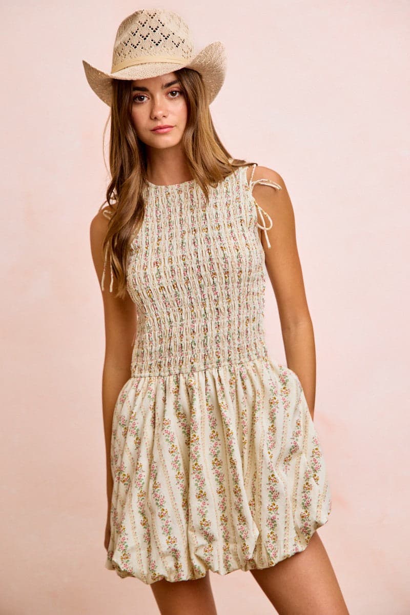 BiBi Floral Bow Tie Attachable Puff Sleeves Dress - IVORY / M - Thumbnail 5