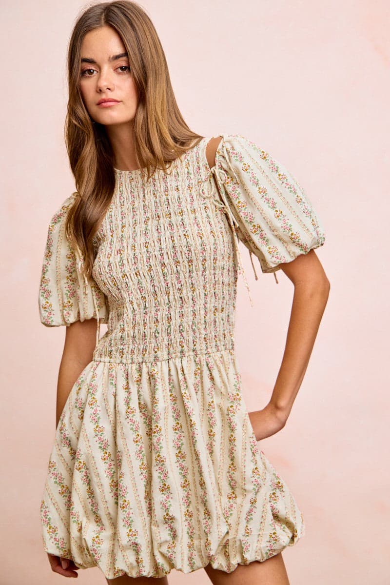 BiBi Floral Bow Tie Attachable Puff Sleeves Dress - IVORY / S - Thumbnail 3