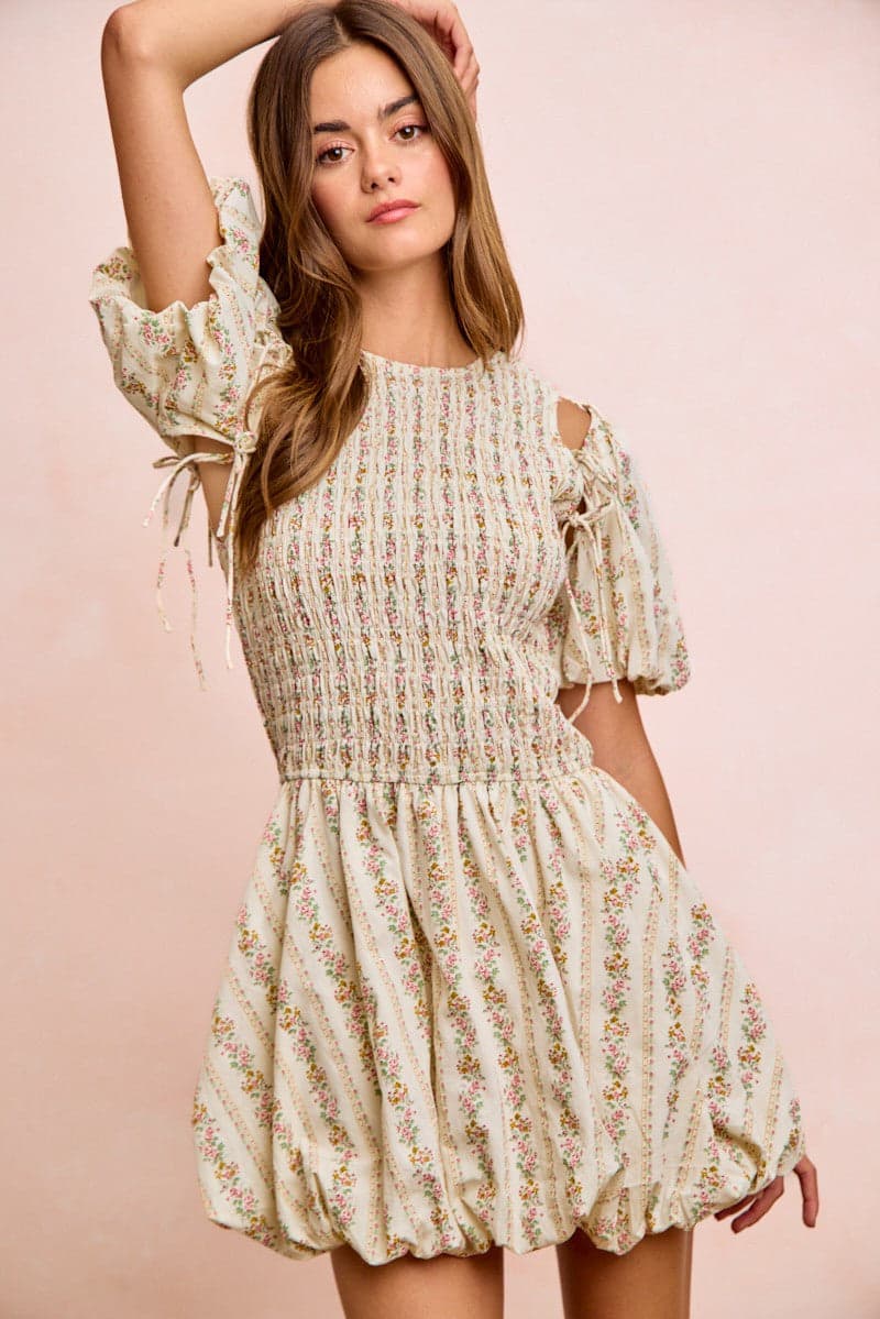 BiBi Floral Bow Tie Attachable Puff Sleeves Dress - IVORY / M - Thumbnail 13