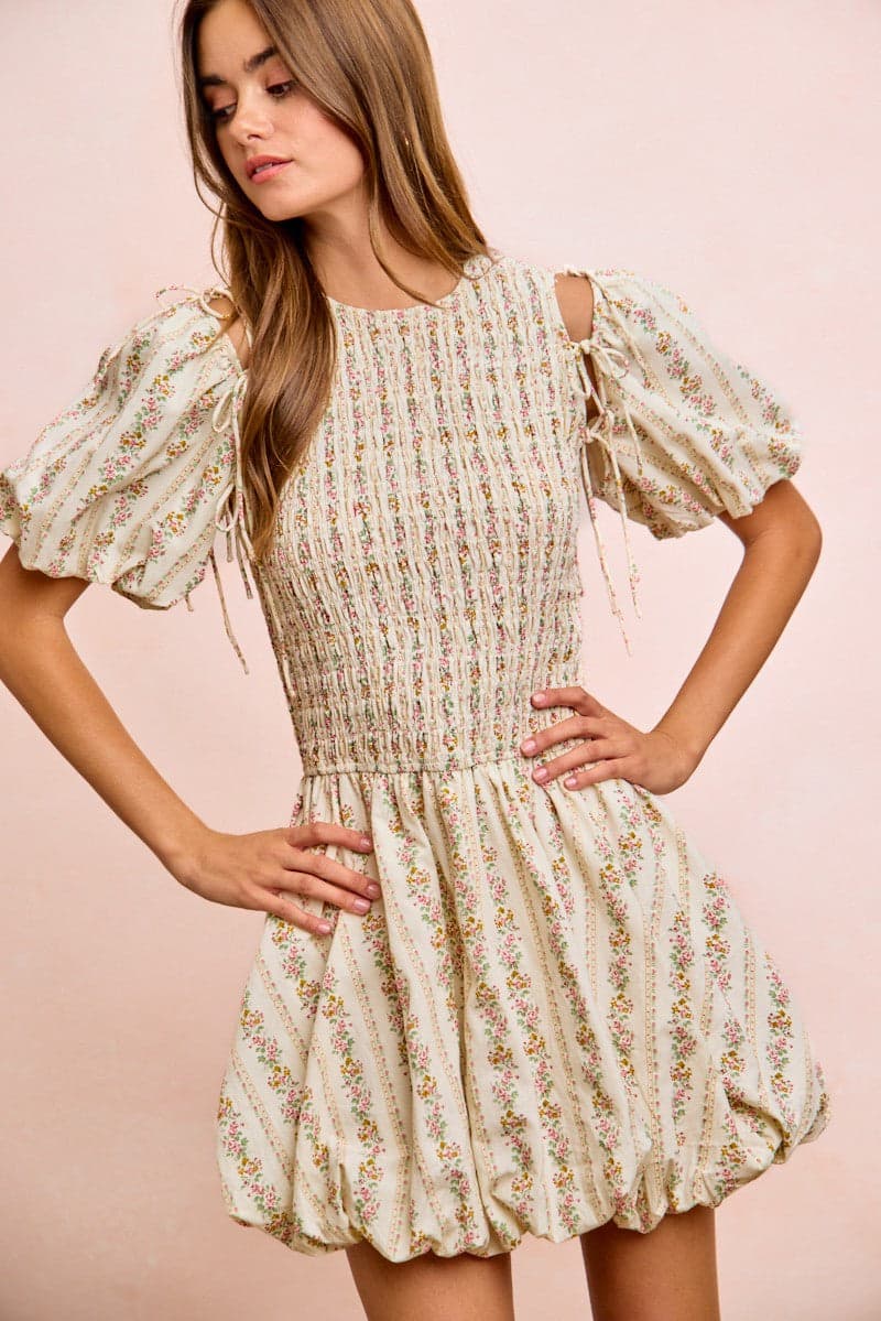 BiBi Floral Bow Tie Attachable Puff Sleeves Dress - IVORY / L - Thumbnail 19