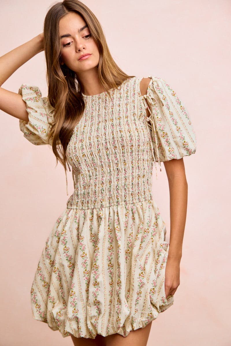BiBi Floral Bow Tie Attachable Puff Sleeves Dress - IVORY / M - Thumbnail 16