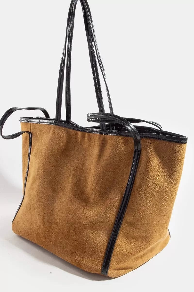 Fame Suede Tote Faux Leather Trim Shoulder Strap - DBR / one size - Thumbnail 4