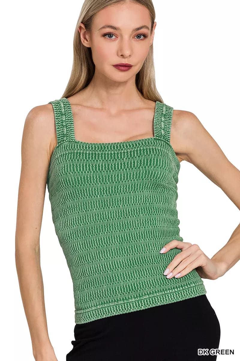 Zenana Seamless Winkle Stone Washed Tank Top - DK GREEN / S/M