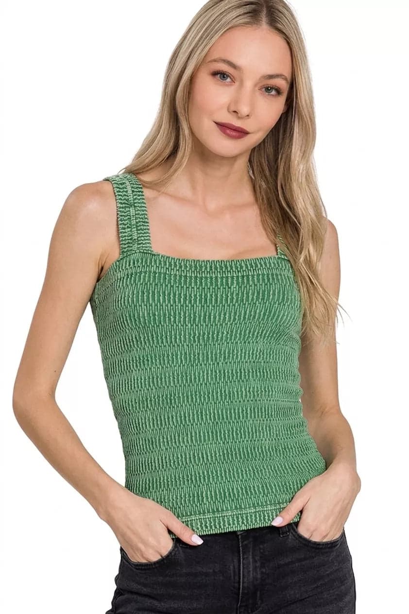 Zenana Seamless Winkle Stone Washed Tank Top - DK GREEN / S/M - Thumbnail 2