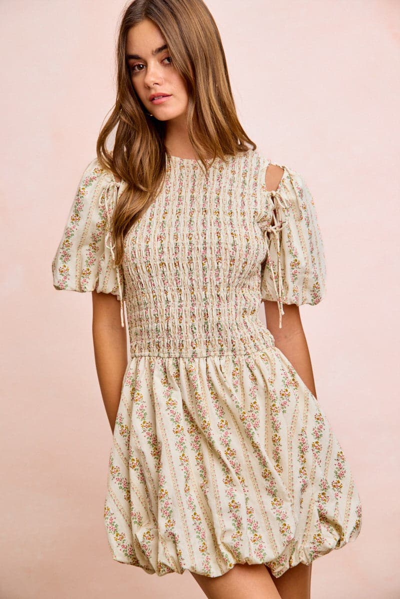 BiBi Floral Bow Tie Attachable Puff Sleeves Dress - IVORY / L - Thumbnail 18