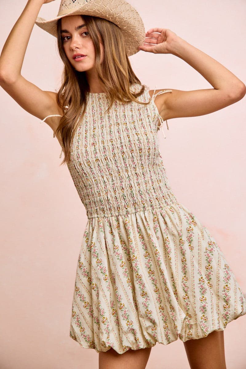 BiBi Floral Bow Tie Attachable Puff Sleeves Dress - IVORY / L - Thumbnail 2