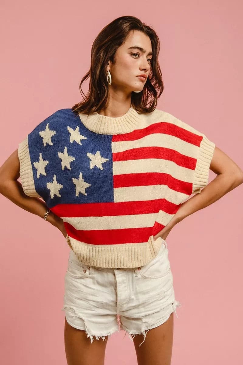 BiBi Star Patches American Flag Sleeveless Sweater - Vivid Red / XL - Thumbnail 3