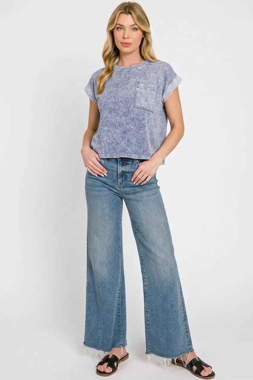 Zenana Halo Snow Washed Cotton Cuffed Short Sleeve Top - NAVY / S - Thumbnail 3