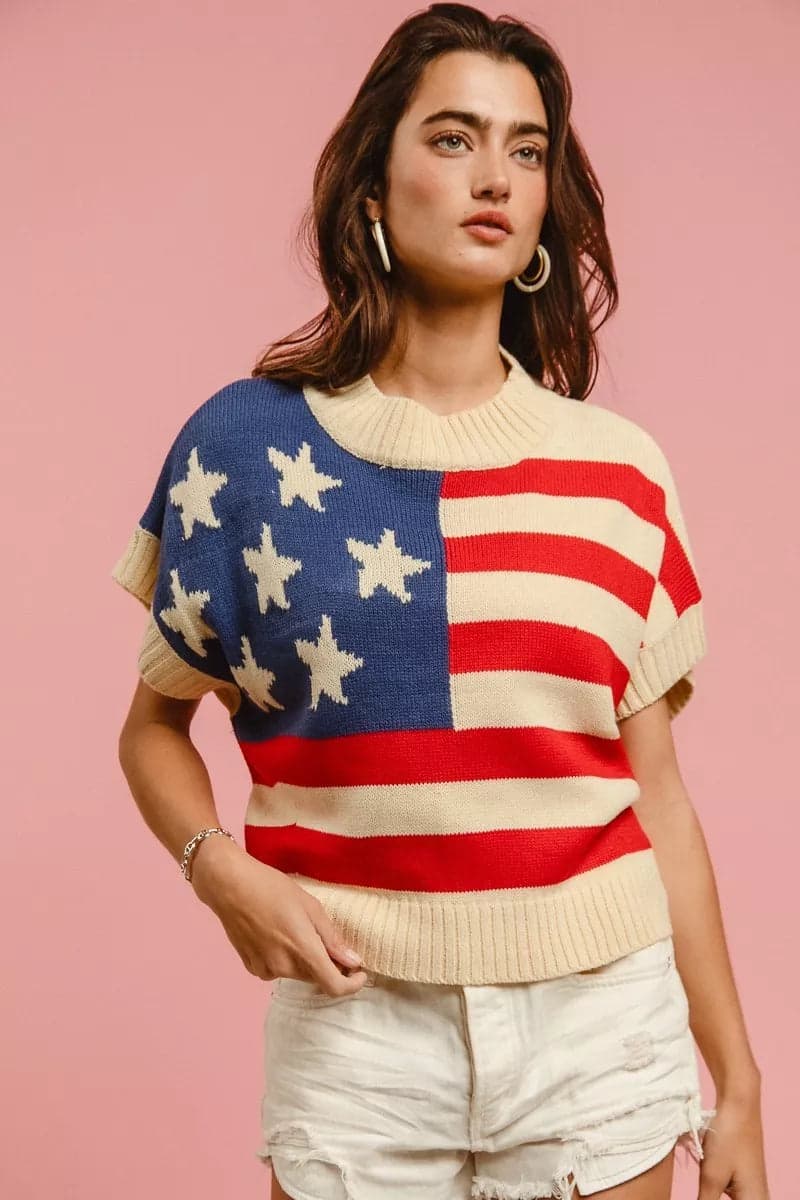 BiBi Star Patches American Flag Sleeveless Sweater - Vivid Red / L - Thumbnail 5