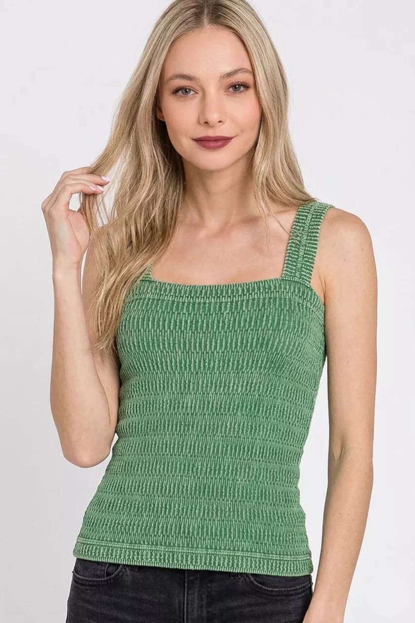 Zenana Seamless Winkle Stone Washed Tank Top - DK GREEN / L/XL - Thumbnail 3