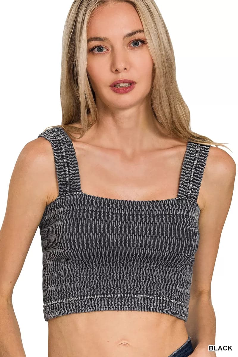 Zenana Seamless Winkle Stone Washed Bra Top - BLACK / L/XL