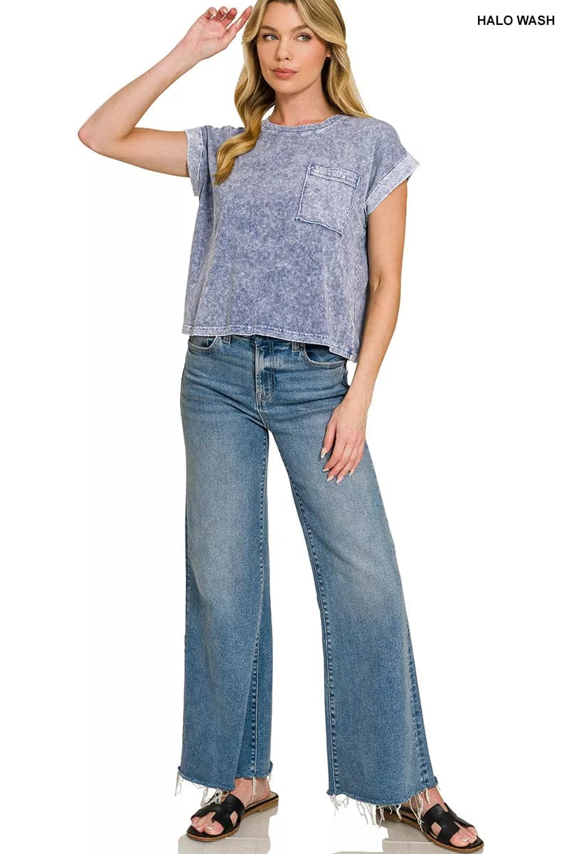 Zenana Halo Snow Washed Cotton Cuffed Short Sleeve Top - NAVY / M - Thumbnail 2