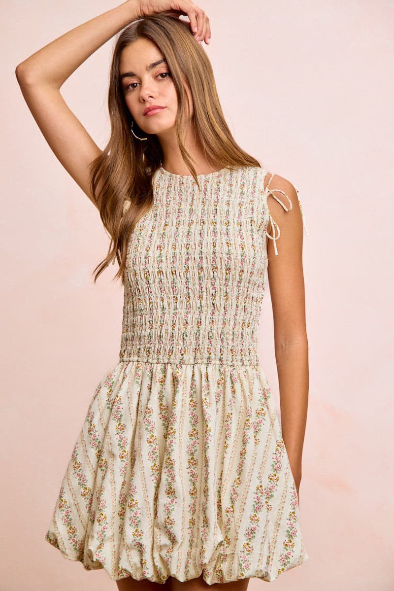 BiBi Floral Bow Tie Attachable Puff Sleeves Dress - IVORY / L - Thumbnail 6