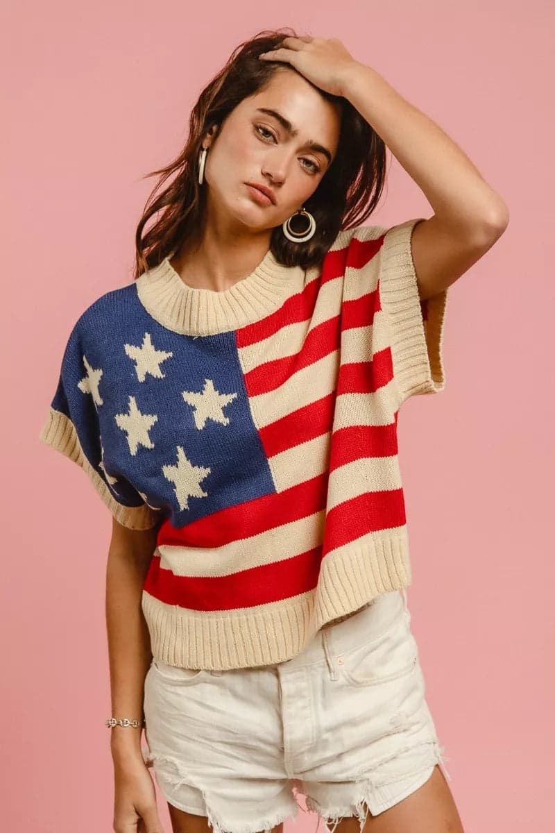 BiBi Star Patches American Flag Sleeveless Sweater - Vivid Red / S - Thumbnail 2