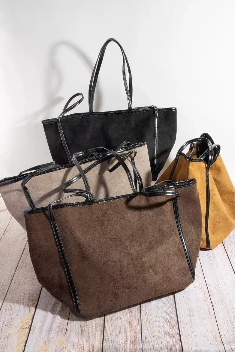 Fame Suede Tote Faux Leather Trim Shoulder Strap - DBR / one size - Thumbnail 6