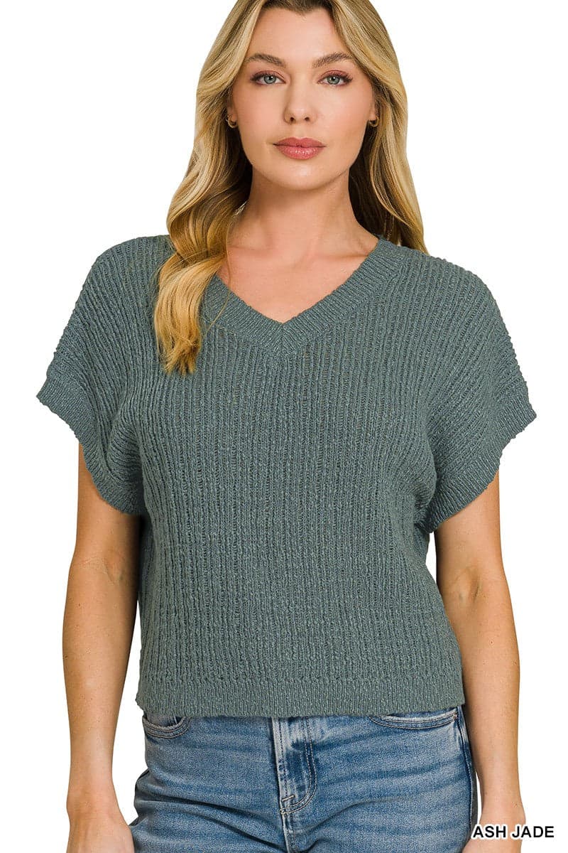 Zenana Textured Knit V-Neck Cropped Sweater - ASH JADE / M