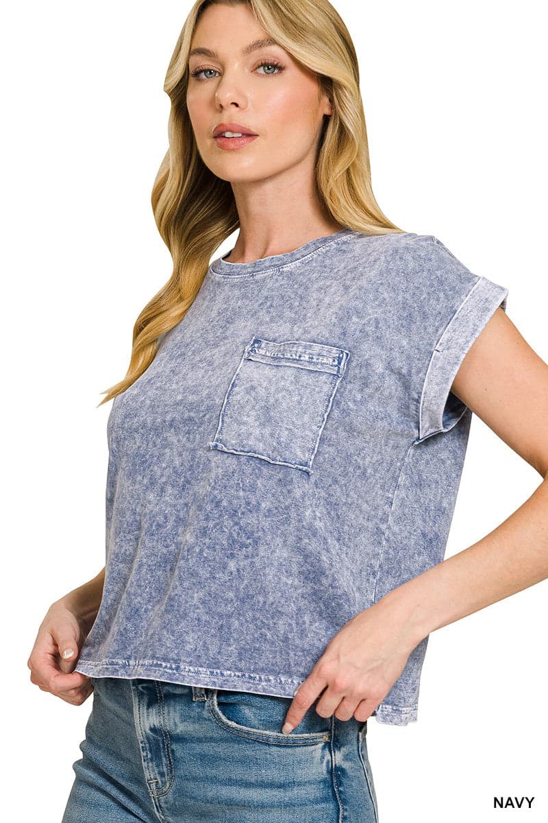 Zenana Halo Snow Washed Cotton Cuffed Short Sleeve Top - NAVY / L