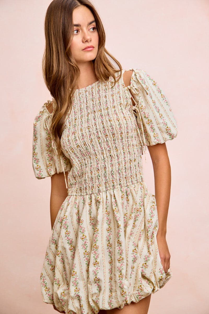 BiBi Floral Bow Tie Attachable Puff Sleeves Dress - IVORY / L - Thumbnail 22
