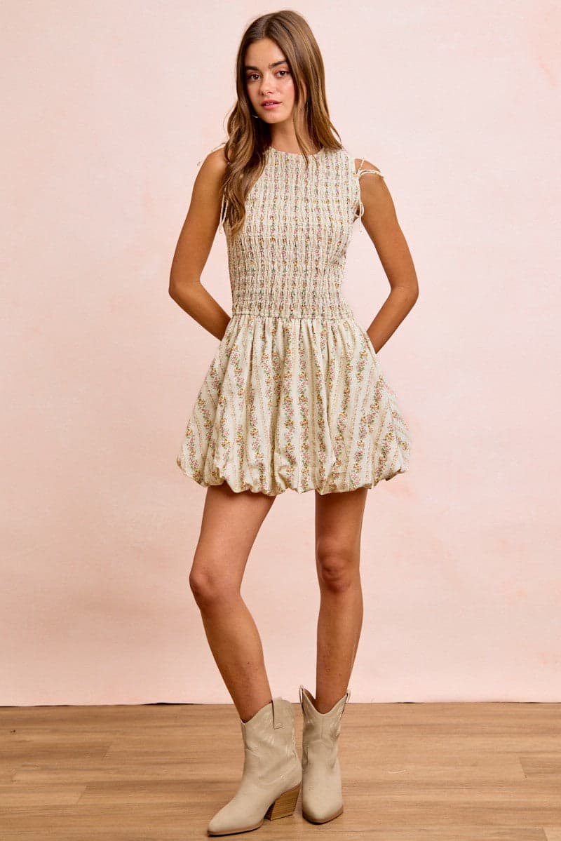 BiBi Floral Bow Tie Attachable Puff Sleeves Dress - IVORY / M - Thumbnail 23