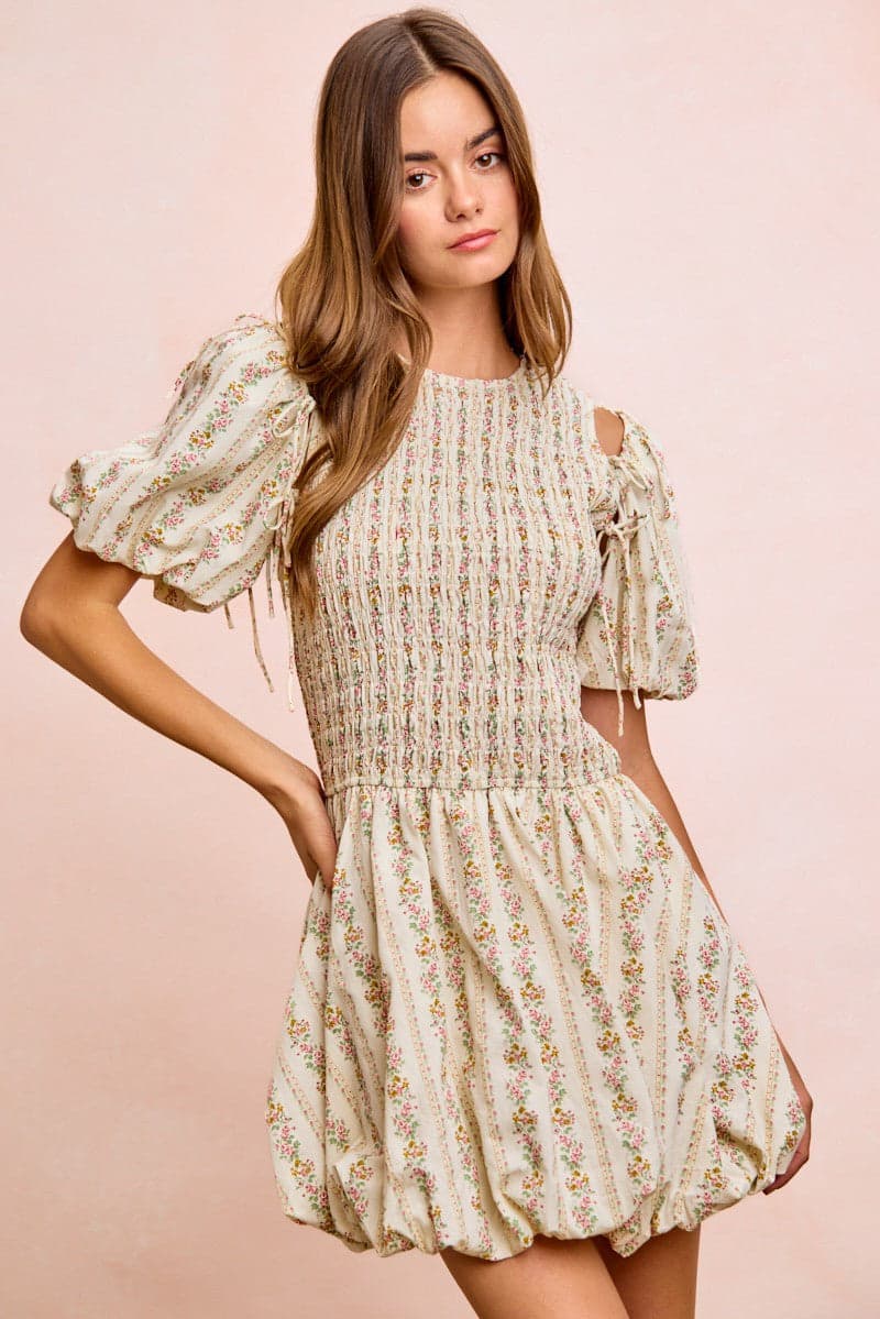 BiBi Floral Bow Tie Attachable Puff Sleeves Dress - IVORY / M - Thumbnail 21