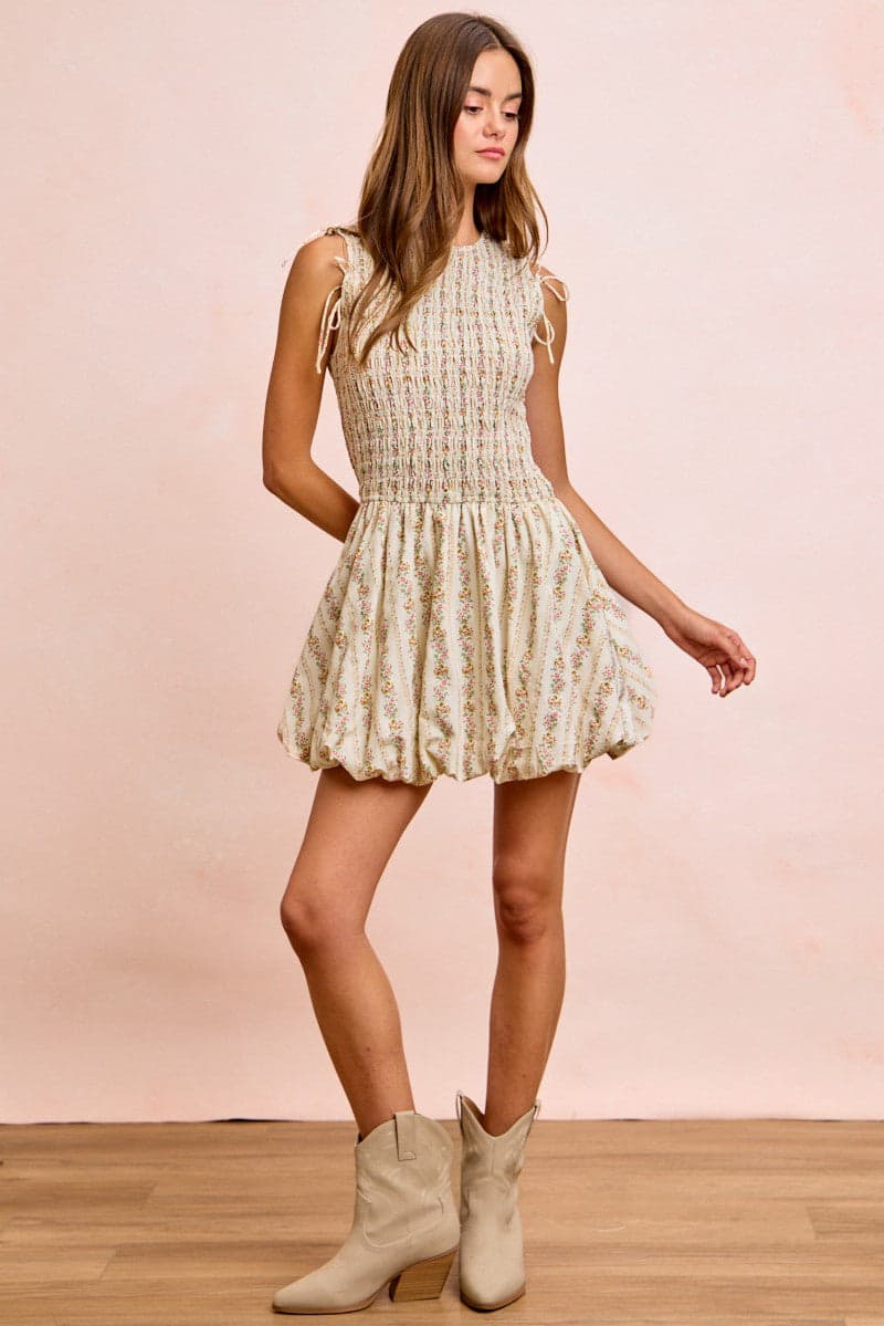 BiBi Floral Bow Tie Attachable Puff Sleeves Dress - IVORY / S - Thumbnail 24