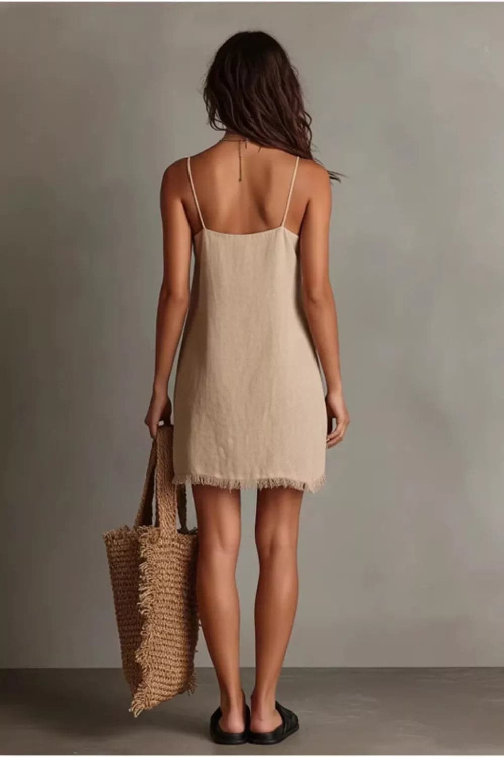 Full Size Fringe V-Neck Cami Dress Plus Size - Beige / XL - Thumbnail 2