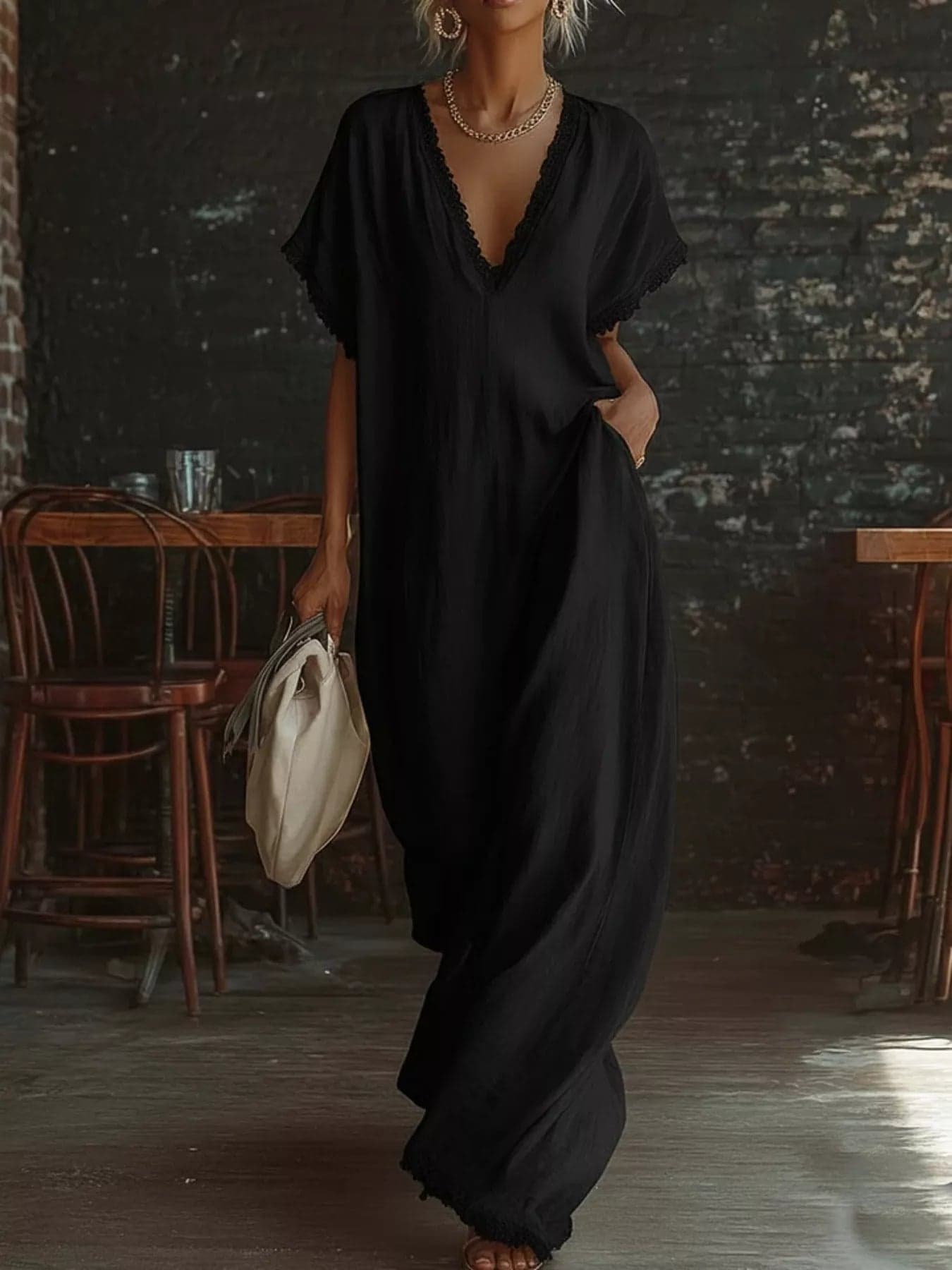 Full Size Lace Trim V-Neck Maxi Dress Plus Size - Sky Blue / 2XL - Thumbnail 3