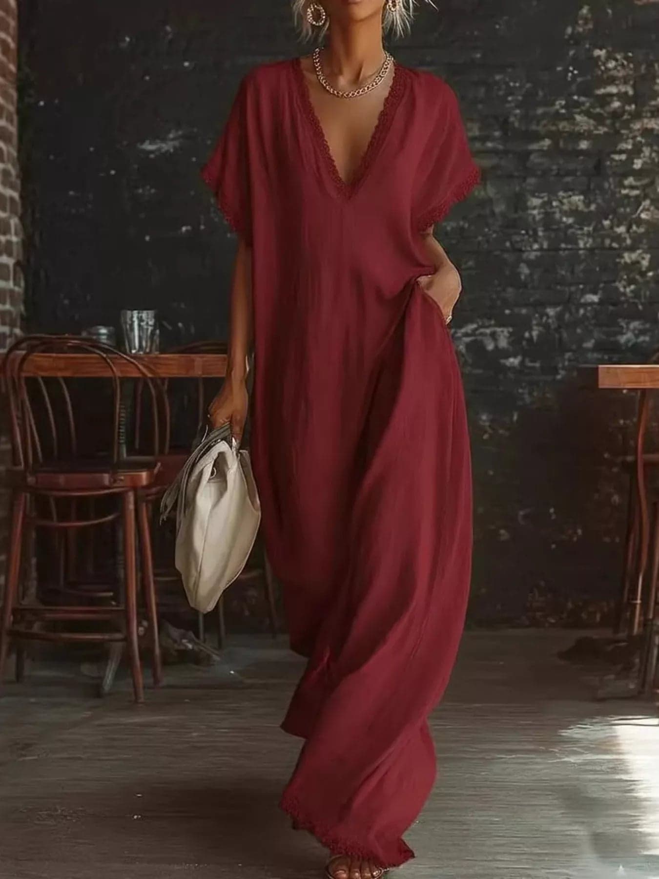 Full Size Lace Trim V-Neck Maxi Dress Plus Size - Sky Blue / L - Thumbnail 5