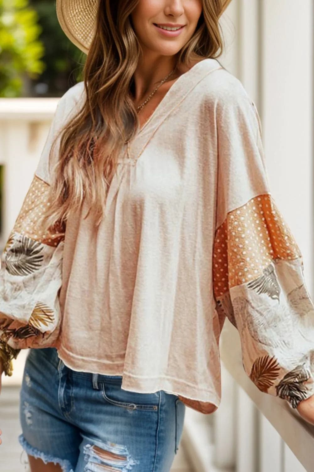 Printed V-Neck Long Sleeve Blouse - Dust Storm / L