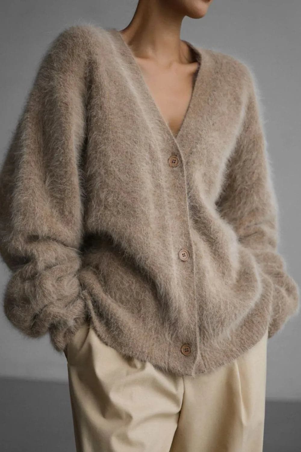 Fuzzy Button Down Long Sleeve Cardigan - Khaki / L - Thumbnail 3