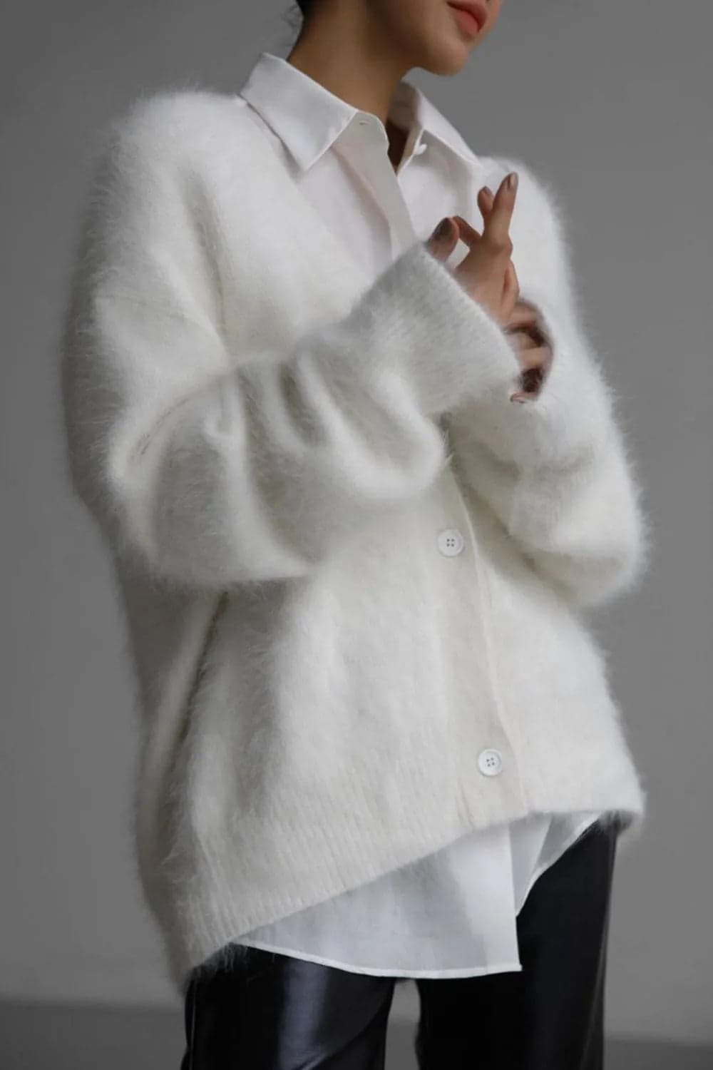 Fuzzy Button Down Long Sleeve Cardigan - White / S - Thumbnail 13
